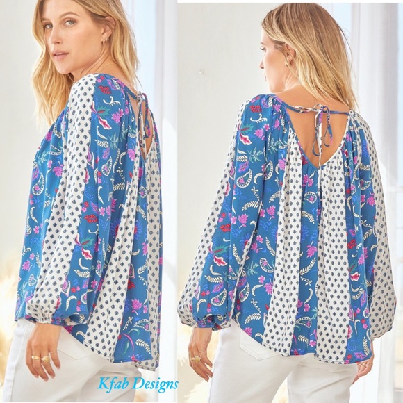 ❤️LAST 1! V Neck Ballon Sleeves Pattern Mix Back Tie Flowy Blouse! - Picture 8 of 8